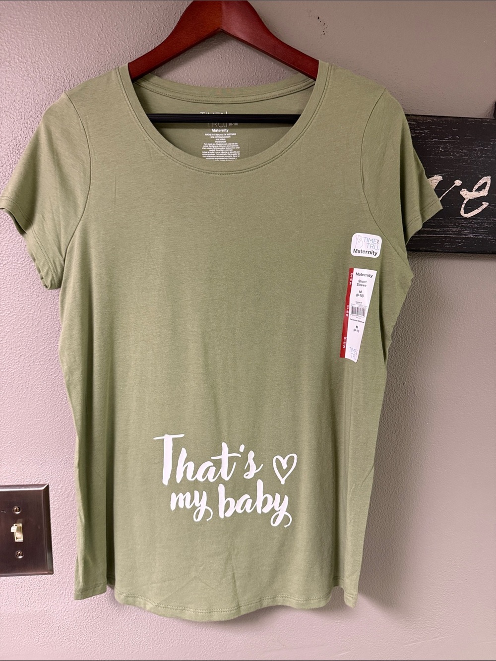 Time and Tru Olive Green Short Sleeve Maternity Tee with White Script